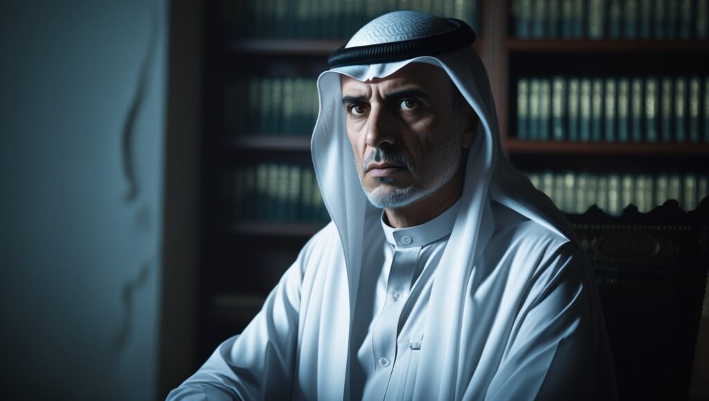 Kuwaiti scholar Othman Al Khamis sitting in a traditional Islamic library