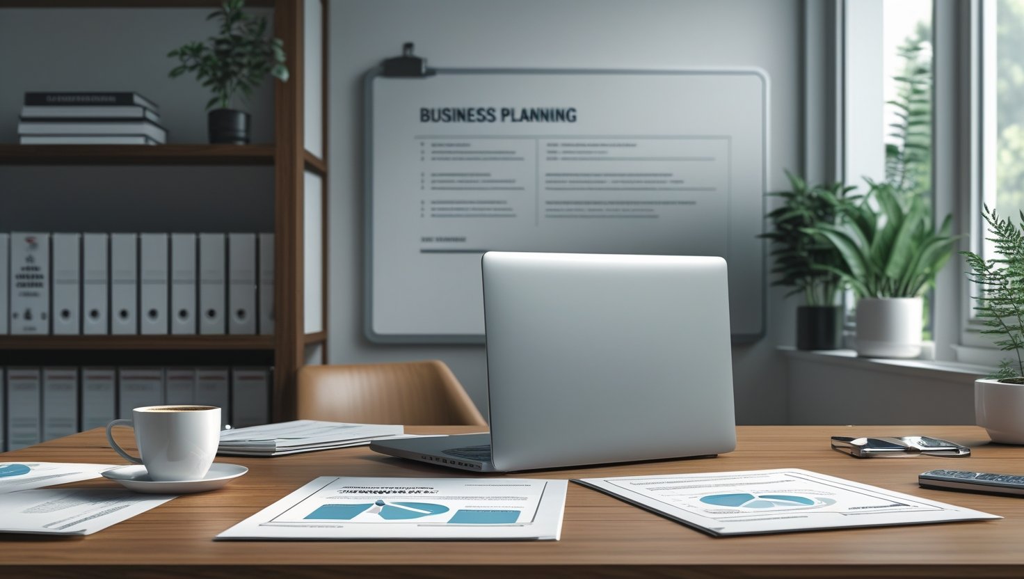 Entrepreneur planning business strategy in 2025 with AI tools and digital charts