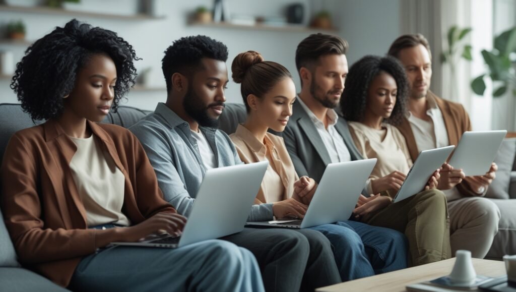 People engaging with personalized digital content safely at home