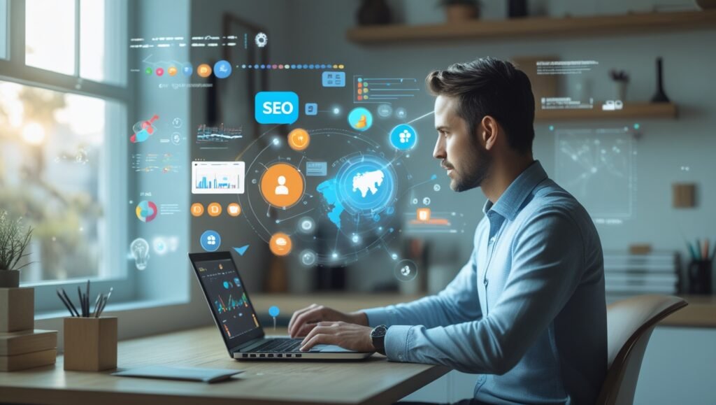 Person working on digital marketing strategy with SEO and social media charts around