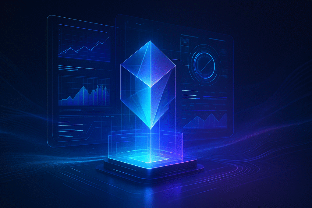 Futuristic Prizmatem interface with real-time data visualization and AI-powered holograms