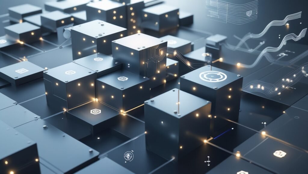 Abstract modular architecture representing SOA OS23 digital framework with ethical AI and event-driven design