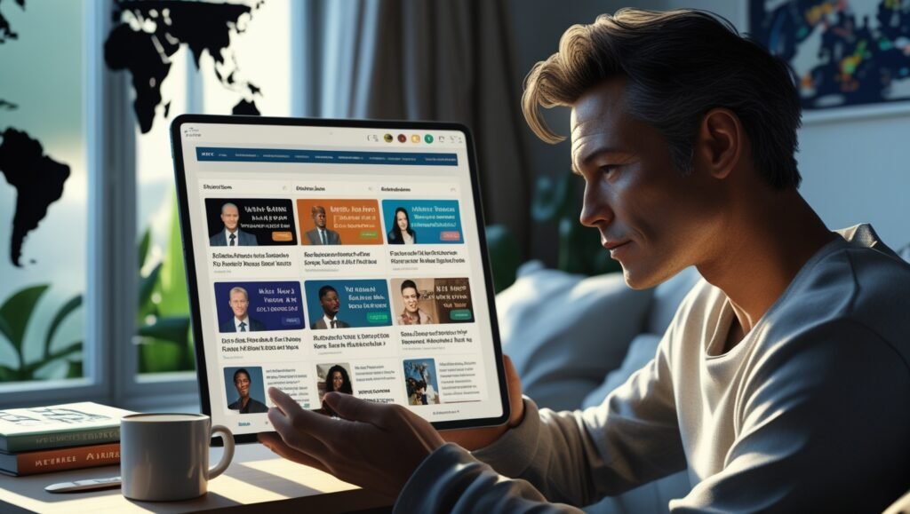 Person reading diverse personalized news stories on a tablet at home