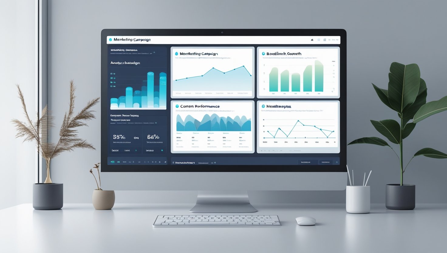 Realistic digital marketing dashboard showing SEO metrics and backlink growth without people