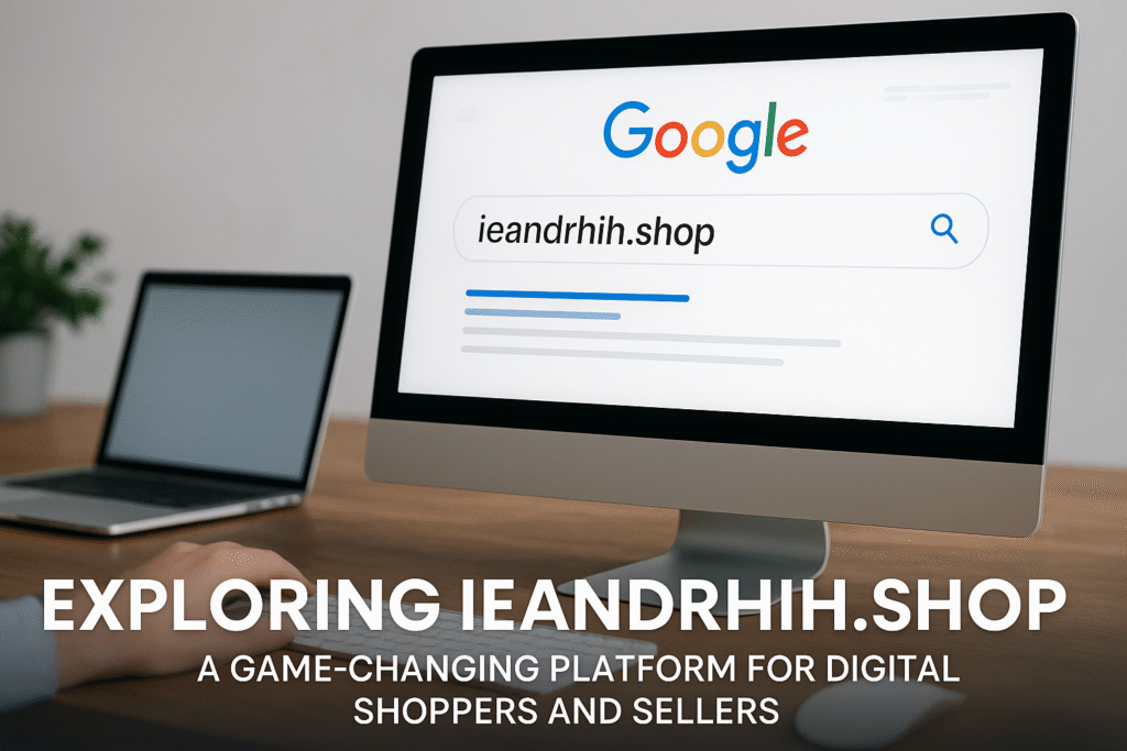 Futuristic online shopping dashboard from ieandrhih.shop showing secure e-commerce tools and global marketplace features