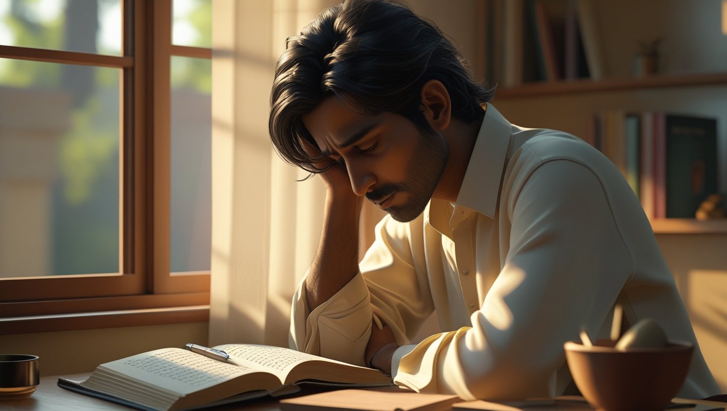 A calm South Asian person sitting quietly near sunlight, journaling and listening to their inner voice (antarvacna)