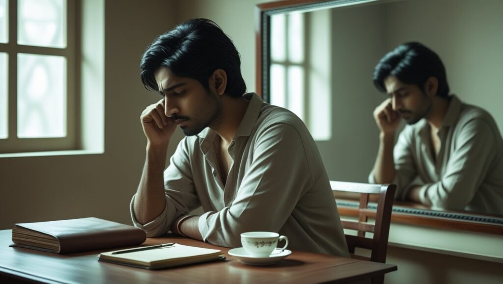 A person lost in deep introspection, sitting alone with soft natural light symbolizing internal emotional conflict (antarvafna)