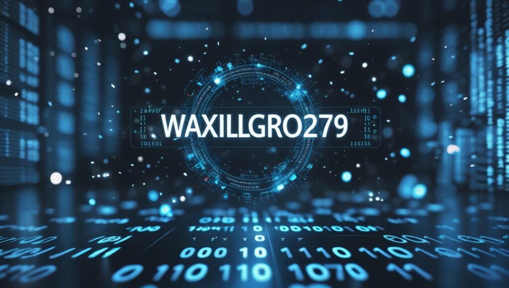 Mysterious code string waxillgro279 floating in a digital cybersecurity environment