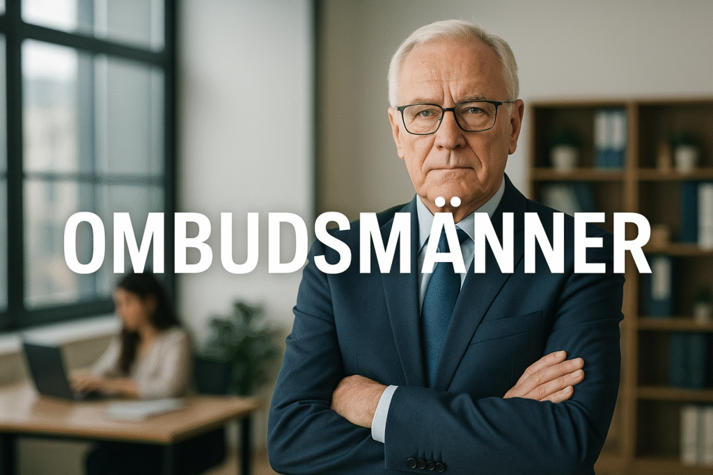 A professional ombudsmänner reviewing digital complaints and fostering accountability in a modern governance setup.