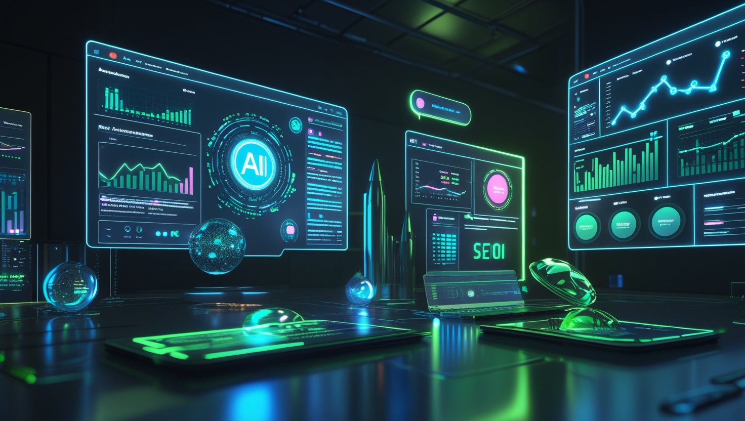 Futuristic AI marketing dashboard showing real-time automation and analytics tools in 2025