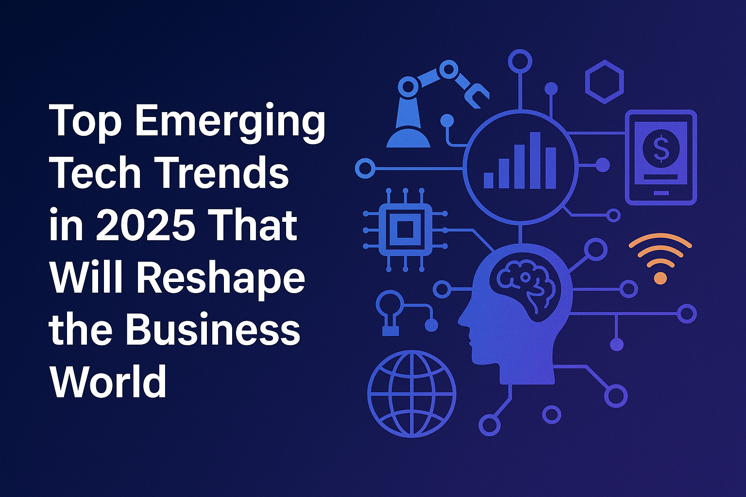 Futuristic AI dashboard showing emerging tech trends in 2025 for business innovation