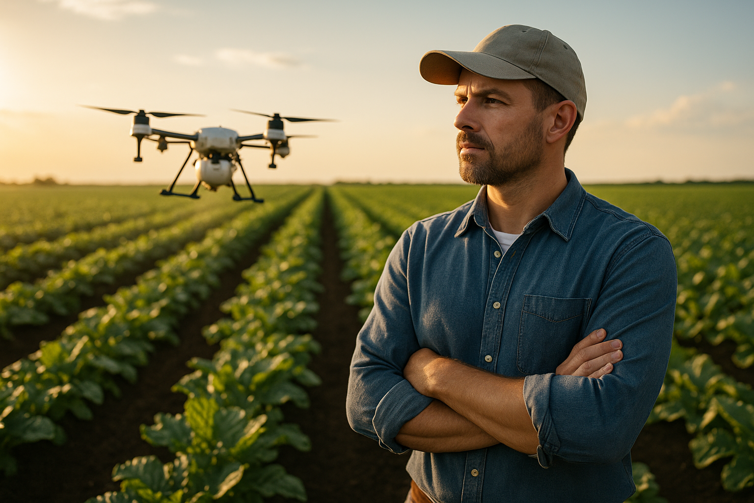Farmer applying Betametacron herbicide using smart technology in crops