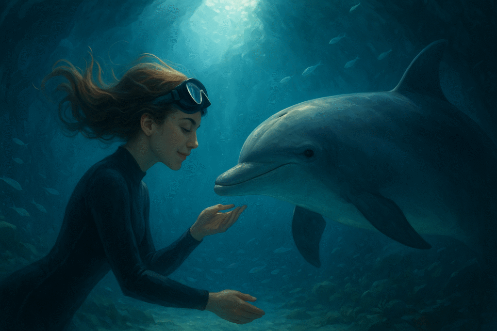Jessica swimming with a dolphin in a hidden ocean grotto