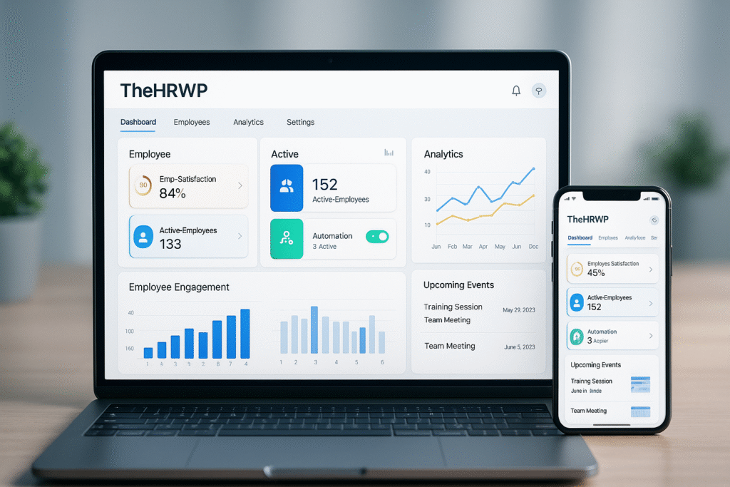 TheHRWP HR management software interface with analytics dashboard and employee engagement tools.