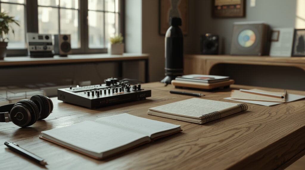 Quiet, minimalist creative workspace with music production tools symbolizing craft and collaboration, no people