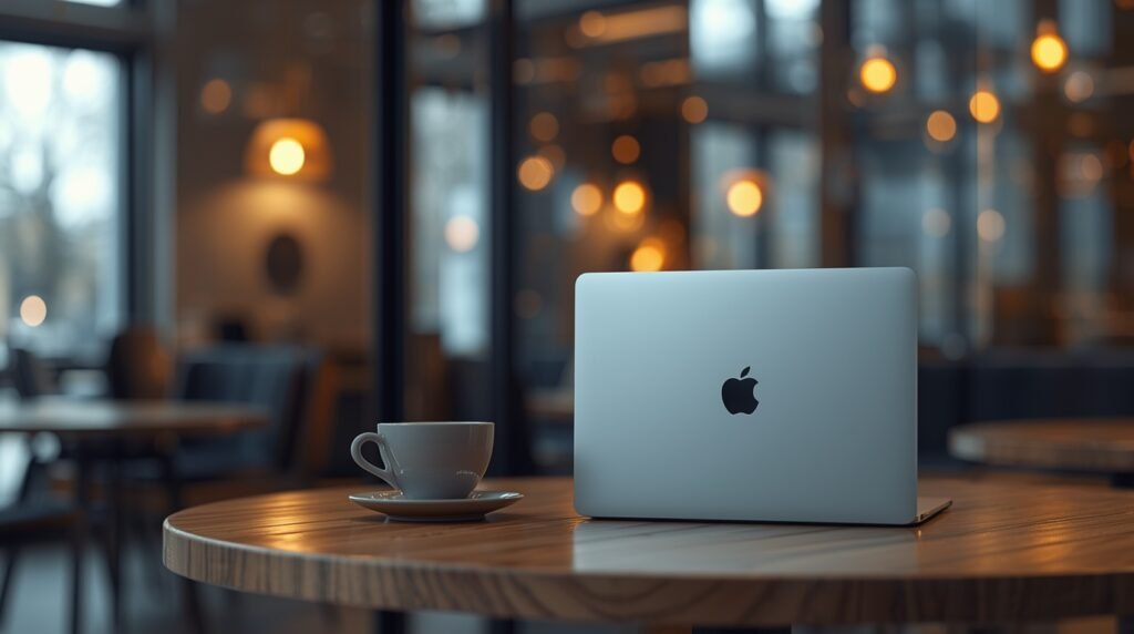 Modern Mac računal in a 2025 cafe showing sleek Apple design and creative workspace setup