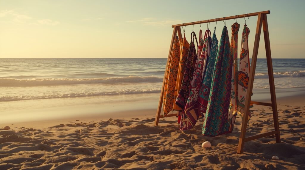 Swimwear edition concept showcasing bold colors and modern fashion themes without models.