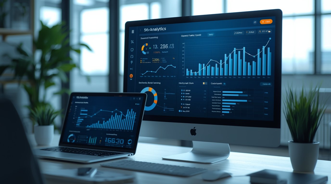 SEO analytics dashboard showing website traffic growth and keyword rankings